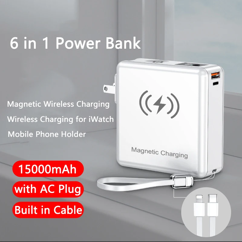 

6 in1 Power Bank 15000mAh 15W Magnetic Wireless Charger 22.5W Fast Charging for iPhone 14 13 12 iWatch Powerbank with Cable Plug