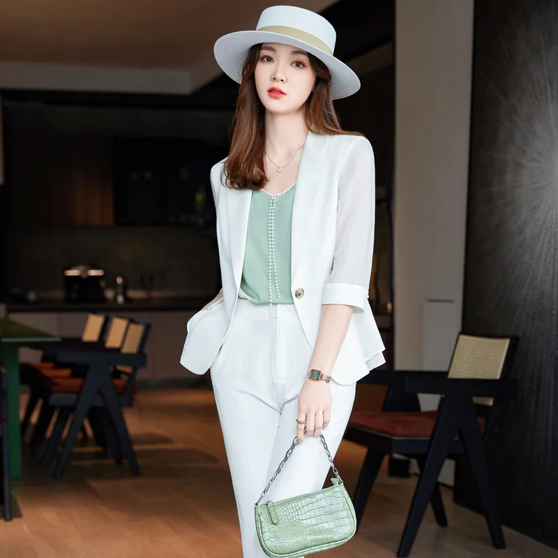2023 New High Quality Elegant Blazer Women Suit 2 Piece Set Casual Slim Summer Female Jacket All-match Fashion Cropped Pants