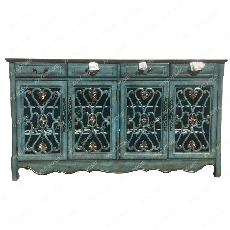 

European Style Mediterranean Retro Solid Wood Hollow Ultra-Thin Painted Sideboard Cabinet Hallway Partition Shoe Cabinet