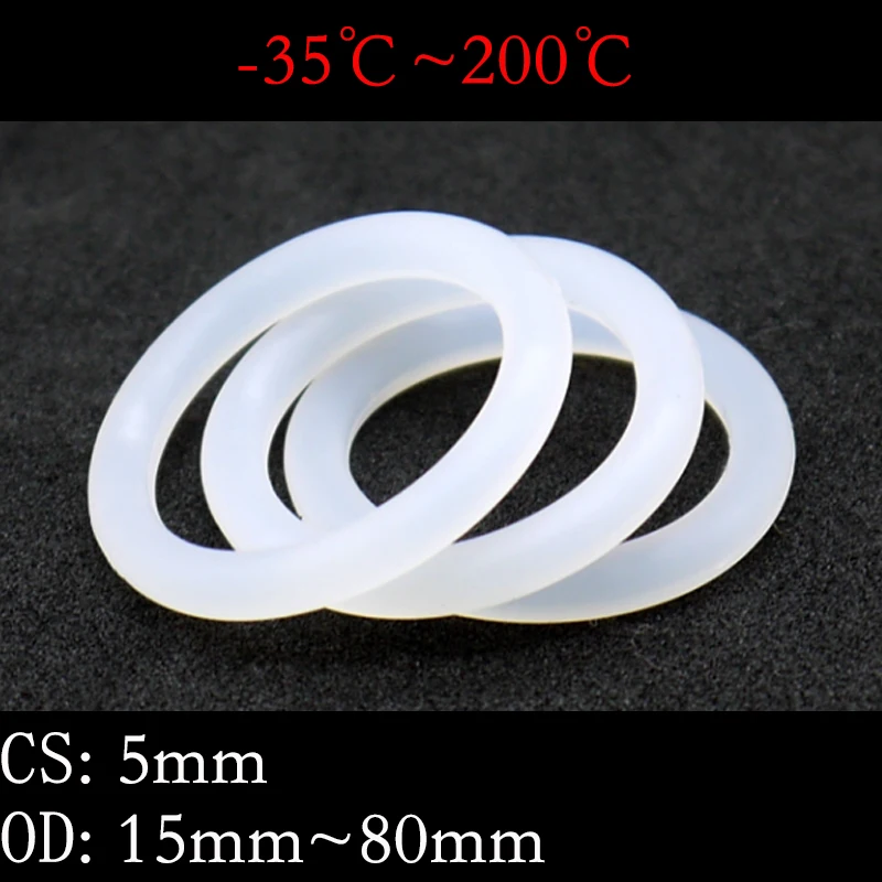 

50pcs VMQ O Ring Seal Gasket Thickness CS 5mm OD 15 ~ 80mm Silicone Rubber Insulated Waterproof Washer Round Shape White Nontoxi