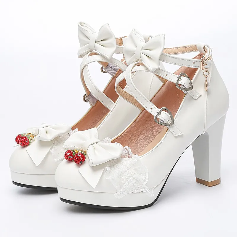 

Spring New 2022 Ladies Heels Platform Cute Bow Lace Princess Mary Jane Lolita Shoes Party High Heel Women Pumps Pink White Blue