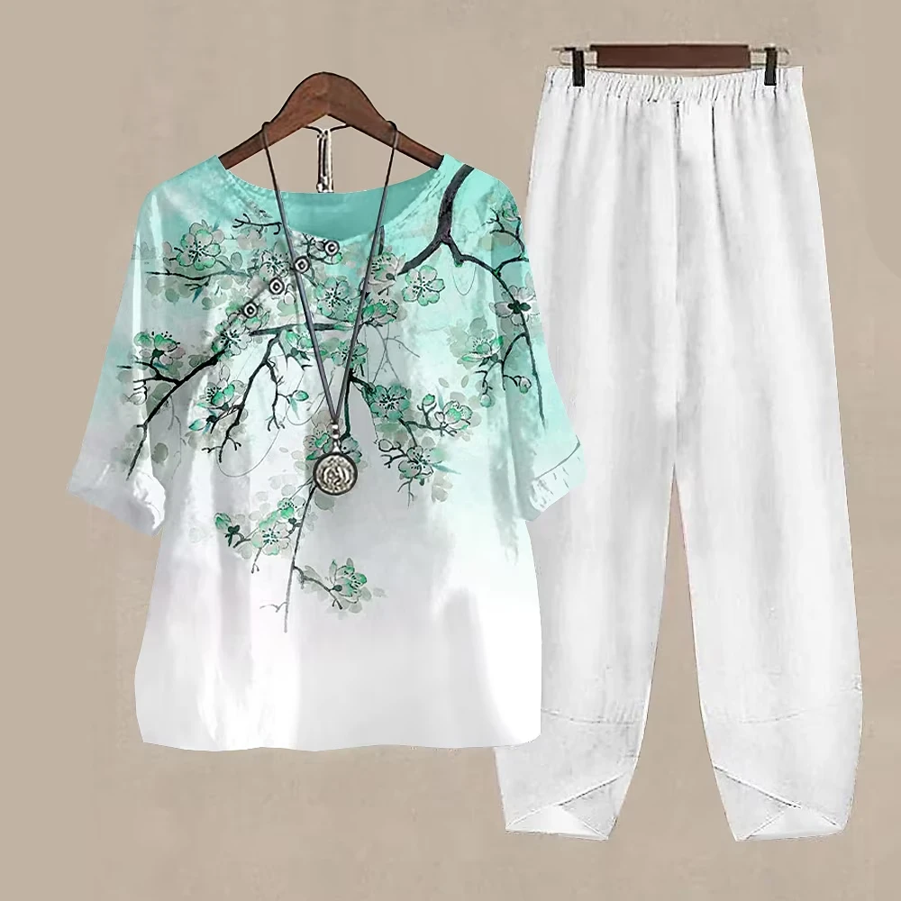 

Breathable Sweat Absorption Boutique Floral Print Element Short Sleeve Pants 2-Piece New Vintage Middle-Aged Button-Down T-Shirt