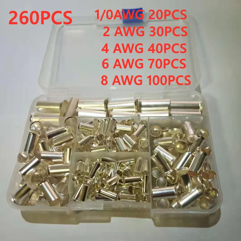 

260Pcs/Lot Mixed 5 Models Bared Bootlace Ferrule Kit 1/0 2 4 6 8AWG Non Insulated Electrical Crimp Cord Wire End Terminal