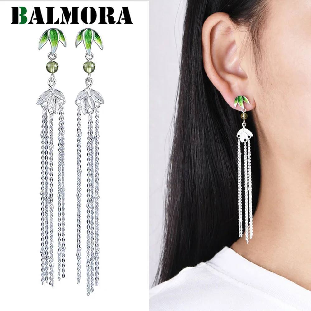 

BALMORA S925 Silver Enameling Bamboo Tassel Chain Earrings For Women Girl Temperament Insect Earrings Dangler Daily Jewelry Gift