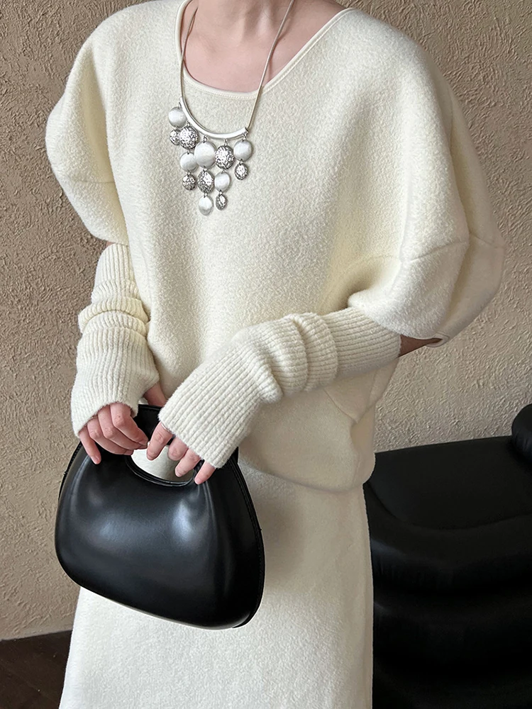 LANMREM Элегантный вязаный комплект женский пуловер с круглым вырезом и рукавами +