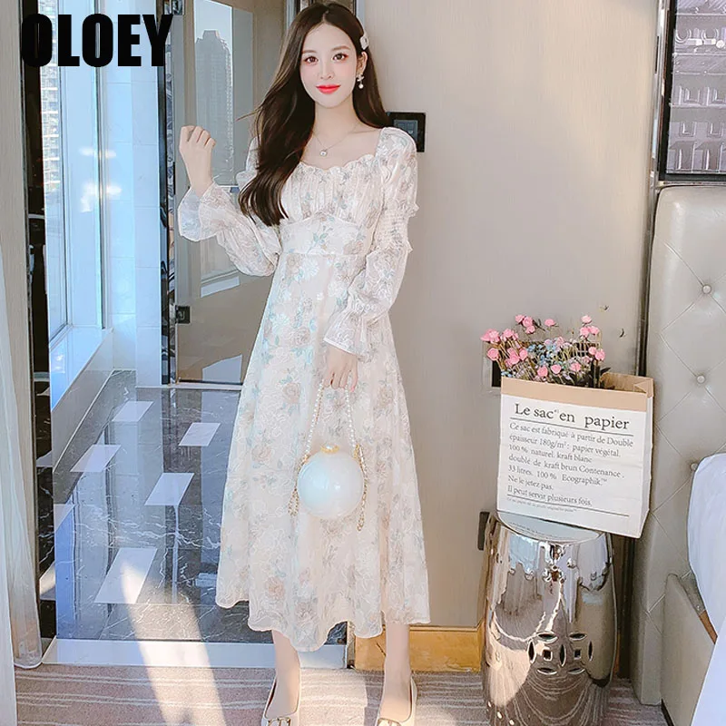 

Spring Chiffon Elegant Kawaii Dress Women Floral Print Sweet Princess Casual Midi Dress Female Long Sleeve Party Dress 2022 New