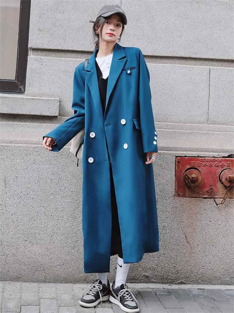 

Peacock Blue Long Suit Trench Coat Women's Spring Autumn 2022 New High-End Drape Mid-Length Button Casual Blazer Outerwear T624