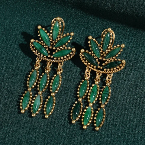 Сережки-капли STALAIT из меди с зеленым камнем