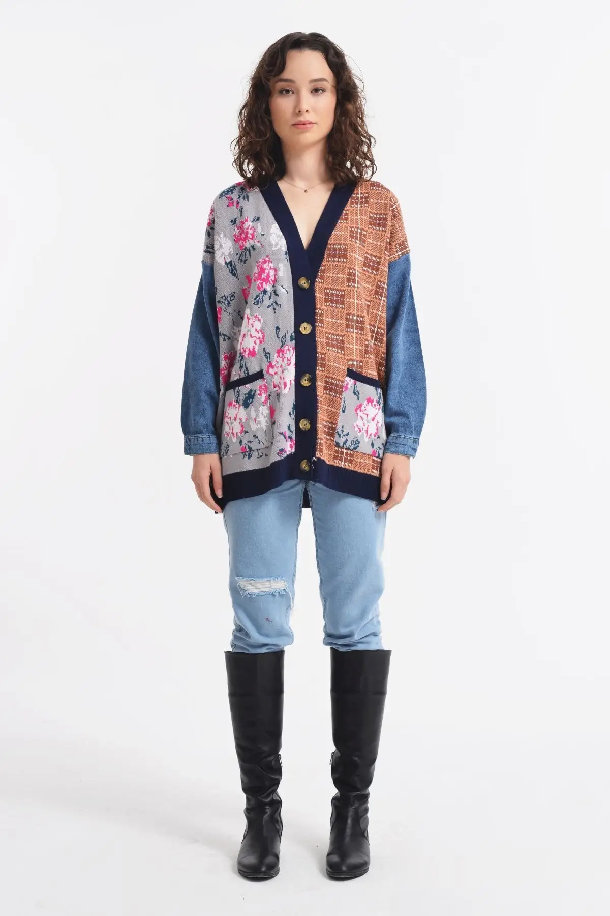 

Women's Cardigan Floral Patterned Pocket Navy Casual Knitted Quality Fashion Cardigan Sweaters Loose Sweater Sweater Sweater