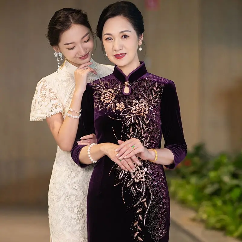 Платье-Ципао для гостей свадебной вечеринки бархатная юбка