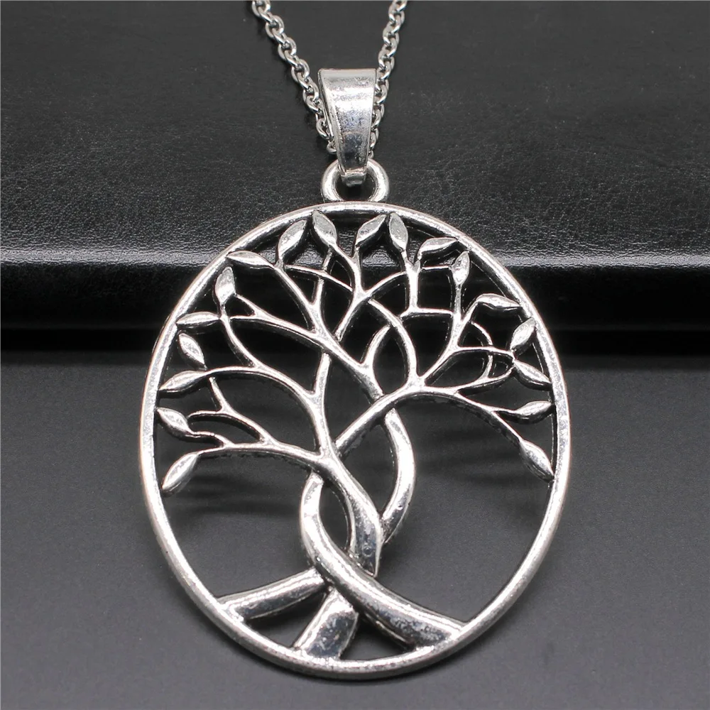 

Vintage Antique Silver Color 68x53mm Oval Tree Of Life Life Tree Pendant Necklace For Women Men Long Chain Jewelry Accessories