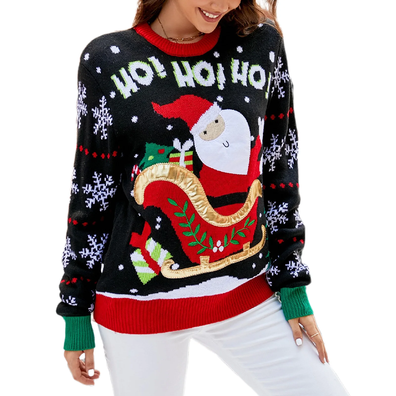 

Мультяшный вязаный свитер для женщин на Новый год Рождество смешной уродливый Санта вязаная одежда с круглым вырезом повседневная одежда с принтом снежинок Повседневный пуловер