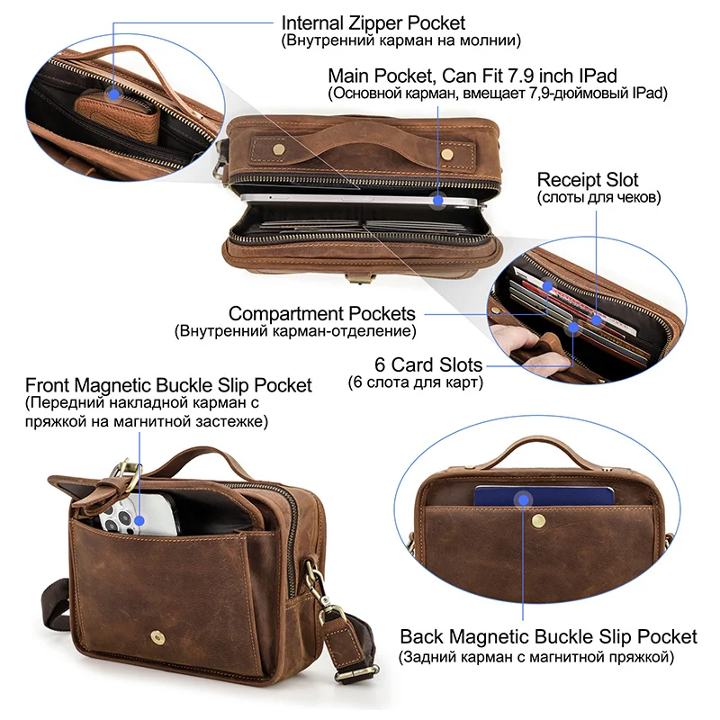 OYIXINGER New Vintage Men Shoulder Bags For Man Small Luxury Designer Cowhide Handbag For 7.9