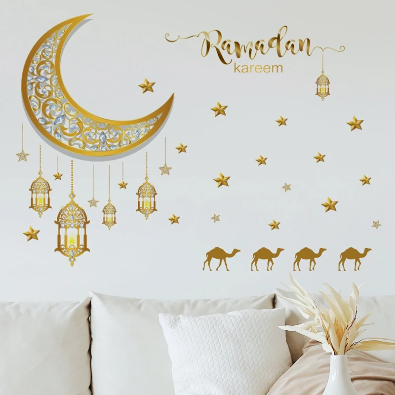 

2023 Islamic Muslim Ramadan Wall Stickers Moon Star Lantern DIY Wall Stickers Ramadan Karim Decoration Home Mural Eid Mubarak