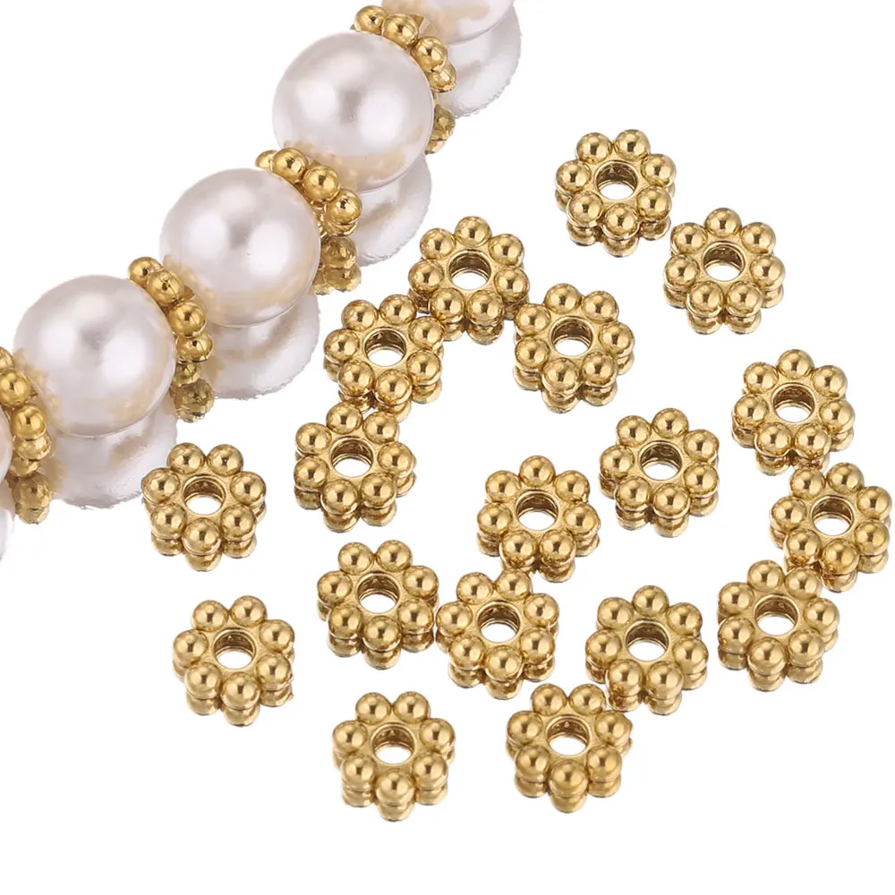 

ASON 100pcs/lot Stainless Steel Daisy Snowflake Flower Spacer Beads Caps Gold Color Loose Bead For Necklaces Bracelet Making Diy