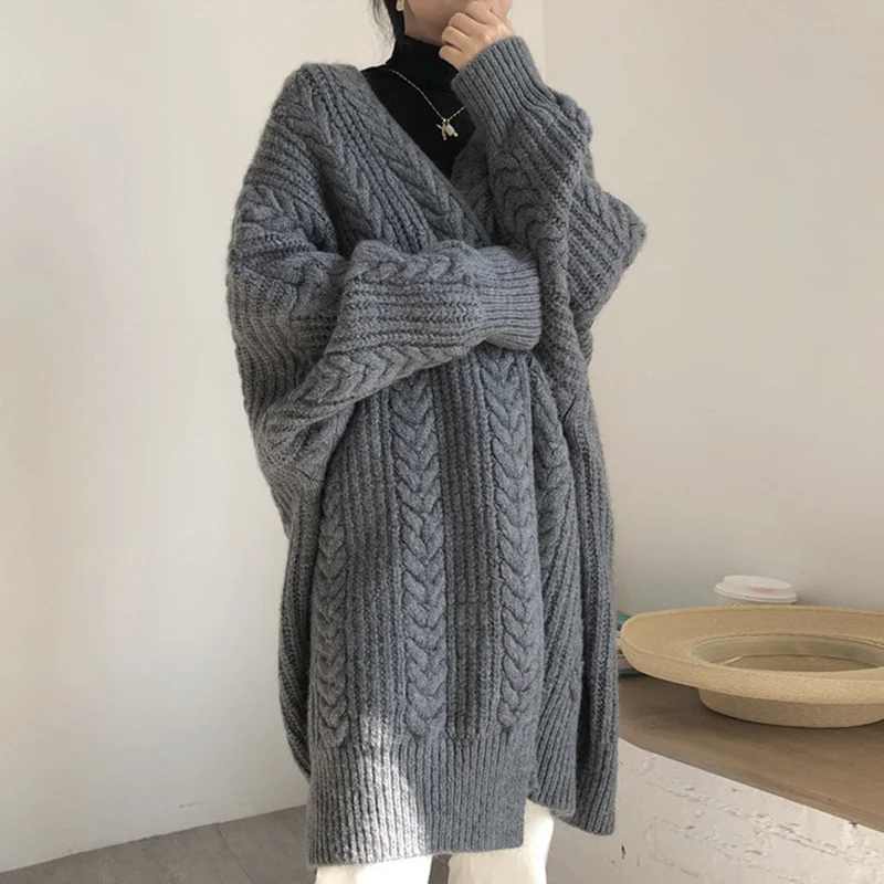 

Korean Chic Autumn And Winter Simple Sweater Coat Women Large Heavy Industry Fried Dough Twist Medium And Long Knitted Cardigan
