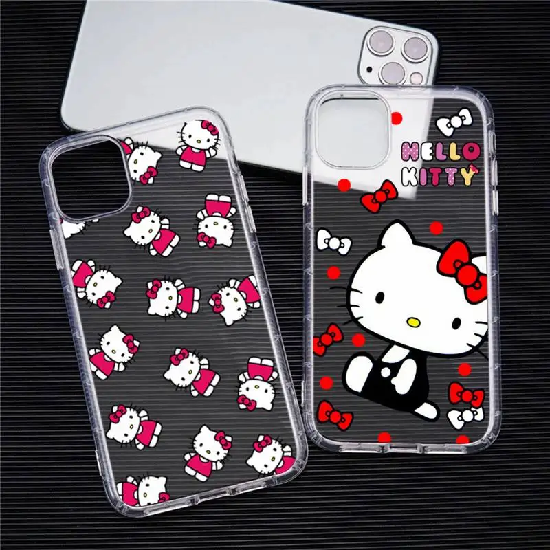 

Cute Cartoon Pink cat Hello Kitty Phone Case Transparent For iphone 14 13 12 11 Pro Max Mini XS Max 8 7 Plus X SE 2020 XR cover