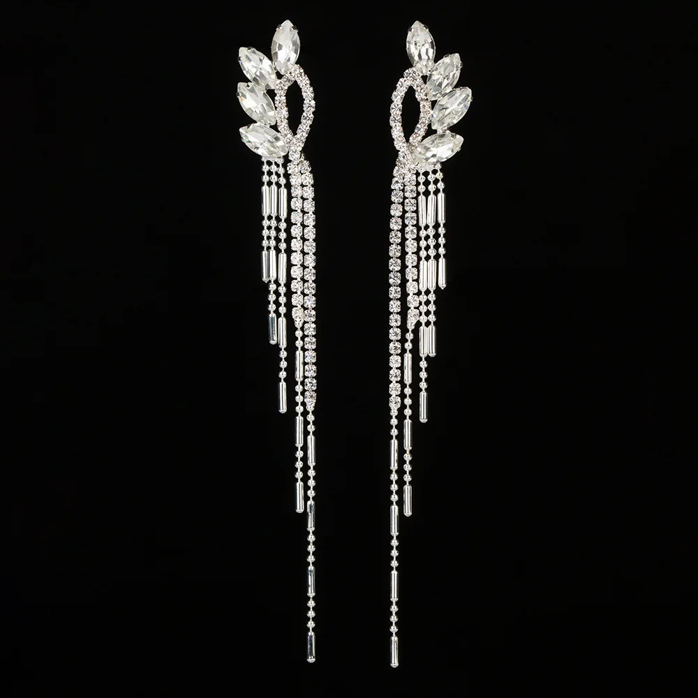 

New Fashion European and American Long Fashion Nightclub Show Face Thin Tassel Earrings Earrings Full Diamond Earrings Female