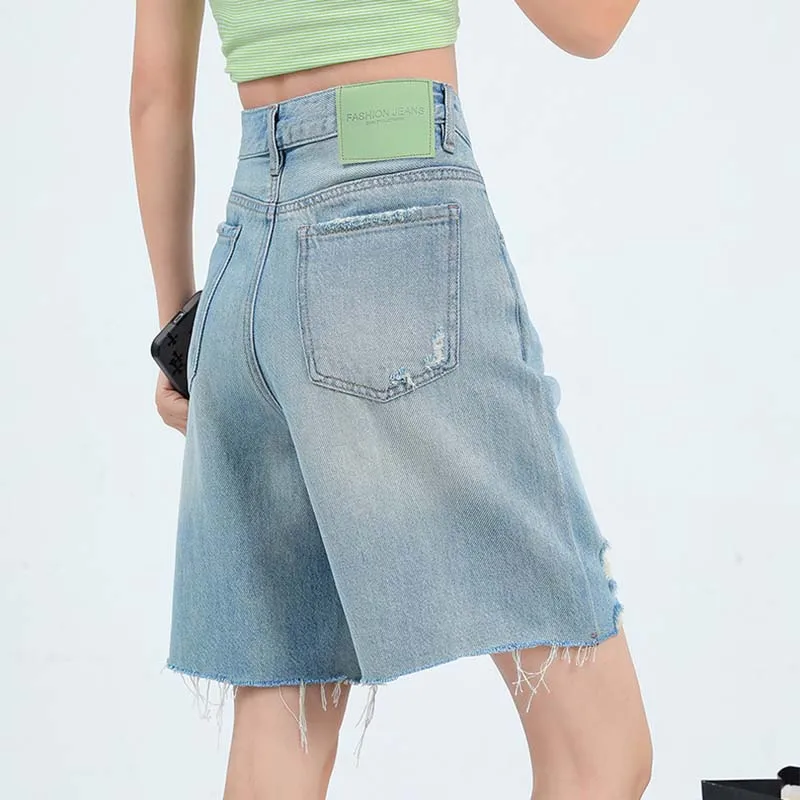Women Short Jeans Fashion Casual Half Denim Shorts High Waist Tassels Belted Loose Female Versatile Streetwear Summer 2023 New