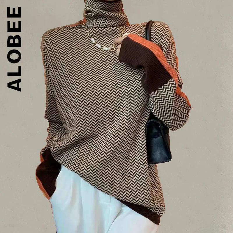 

Женский пуловер Alobee, вязаный, с высоким воротником, винтажный