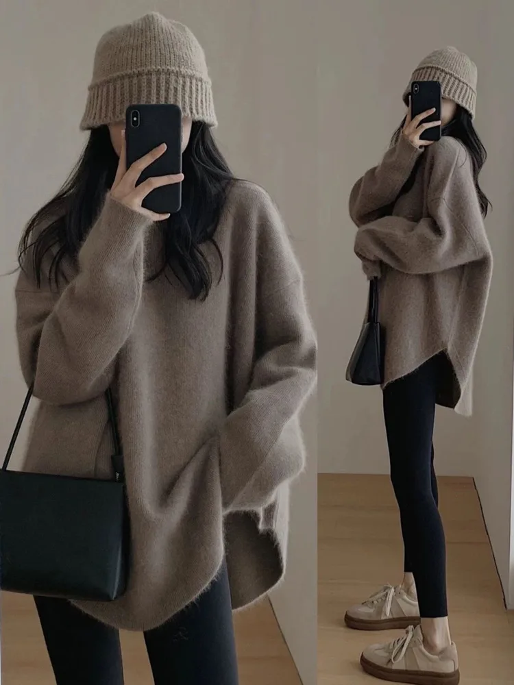Sweaters Pullover Autumn Fashion O-neck Knitwear Lazy Style Vintage Solid Color Long Sleeved Simple Basic Chic Sweaters Tops New