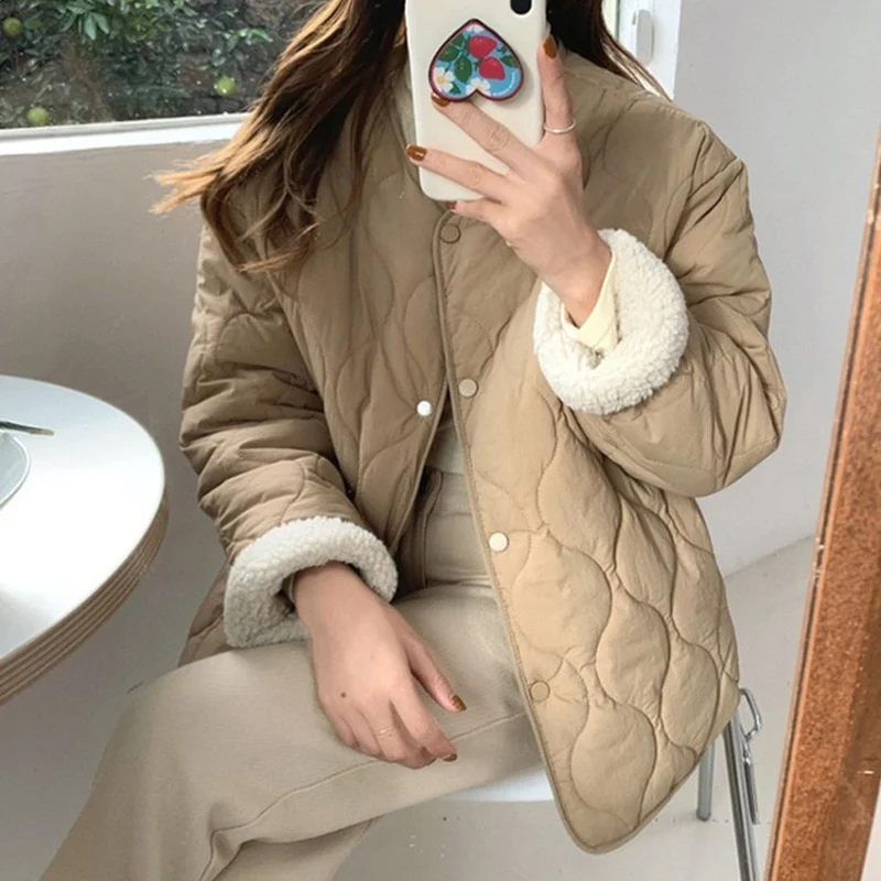2021 South Korea Chic Autumn and Winter New Style Niche Rhomboid Thickened Double-sided Lamb Wool Jacket Coat Long-sleeved Women