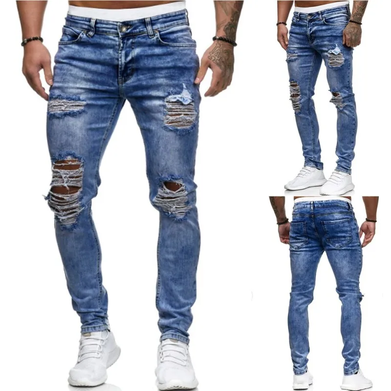 

Mens Ripped Jeans for men Casual Black Blue Skinny slim Fit Denim Pants Biker Hip Hop Jeans with sexy Holel Denim Pants NEW