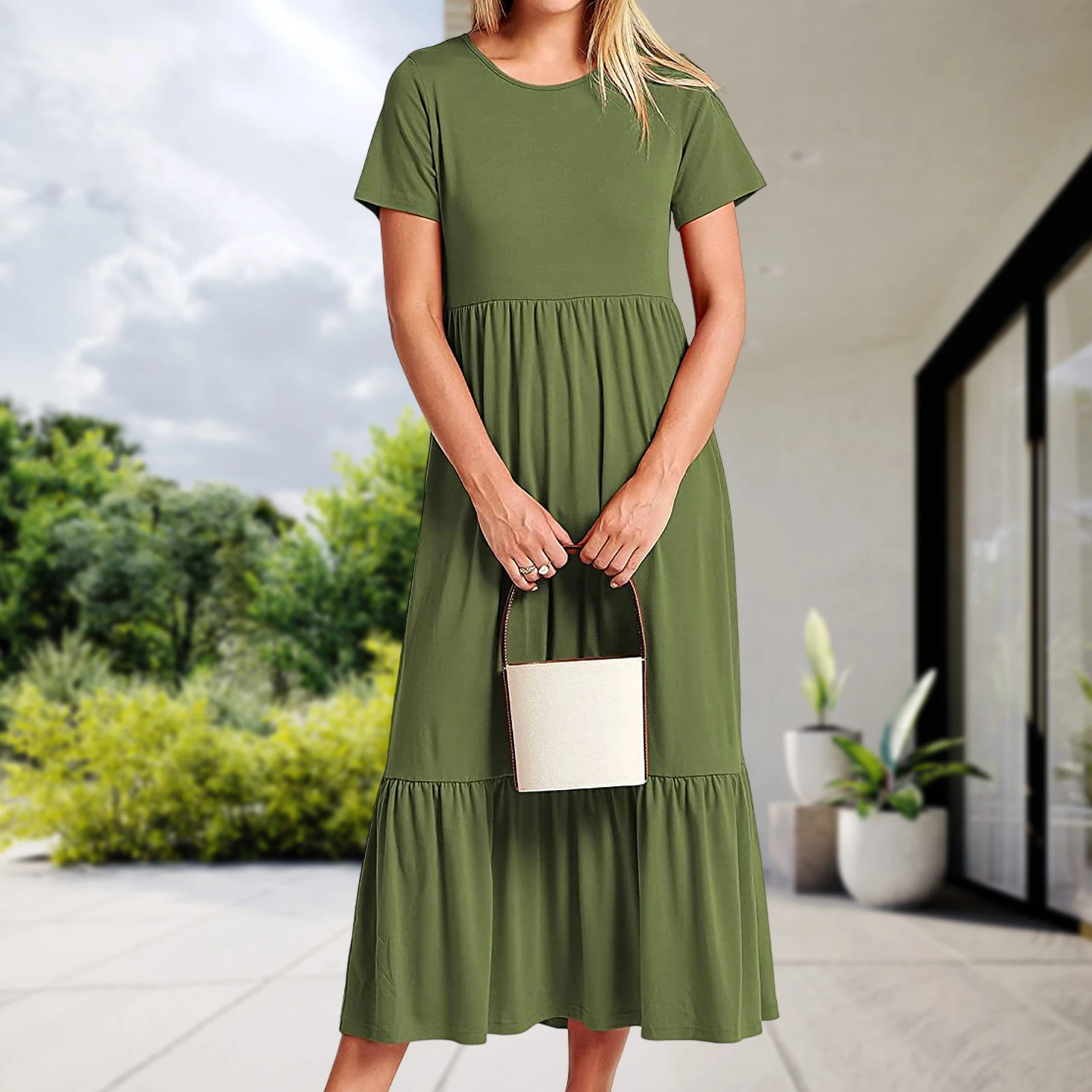 

Женское плиссированное платье с карманами, пляжный сарафан сплошного цвета с круглым вырезом, темпераментное Элегантное Изысканное платье с драгоценным камнем для клуба