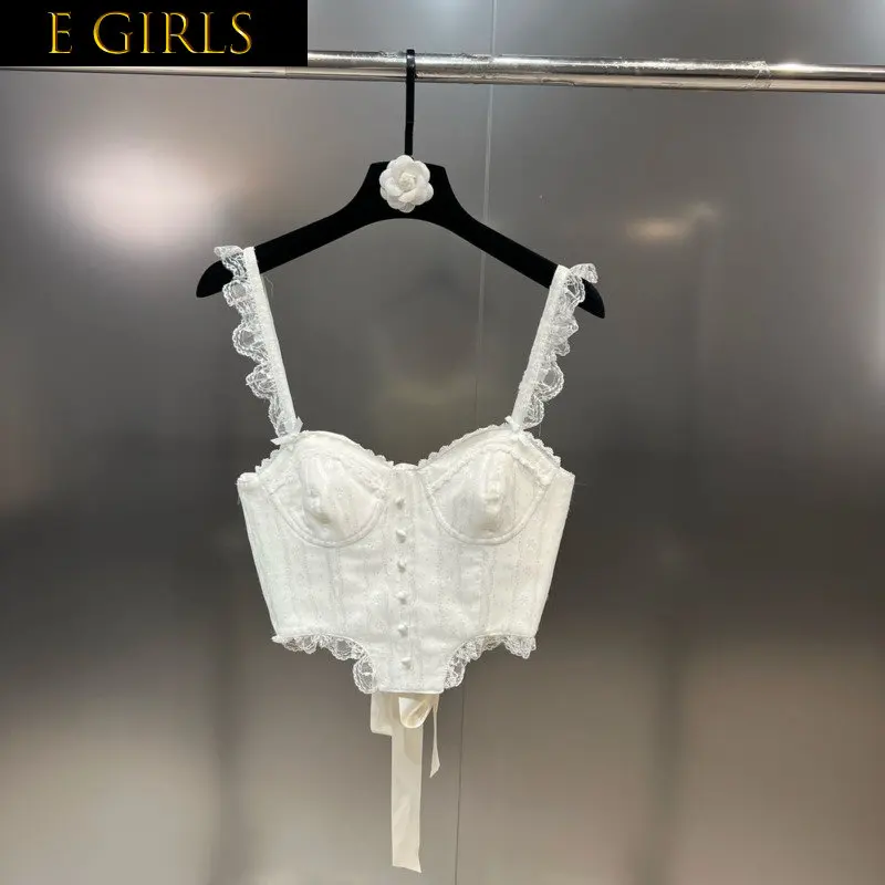 

E GIRLS 2022 New Arrivals Sleeveless Lace Shoulder Strap Back Bandage Single Breasted Buttons White Slim Camis Crop Top GG177