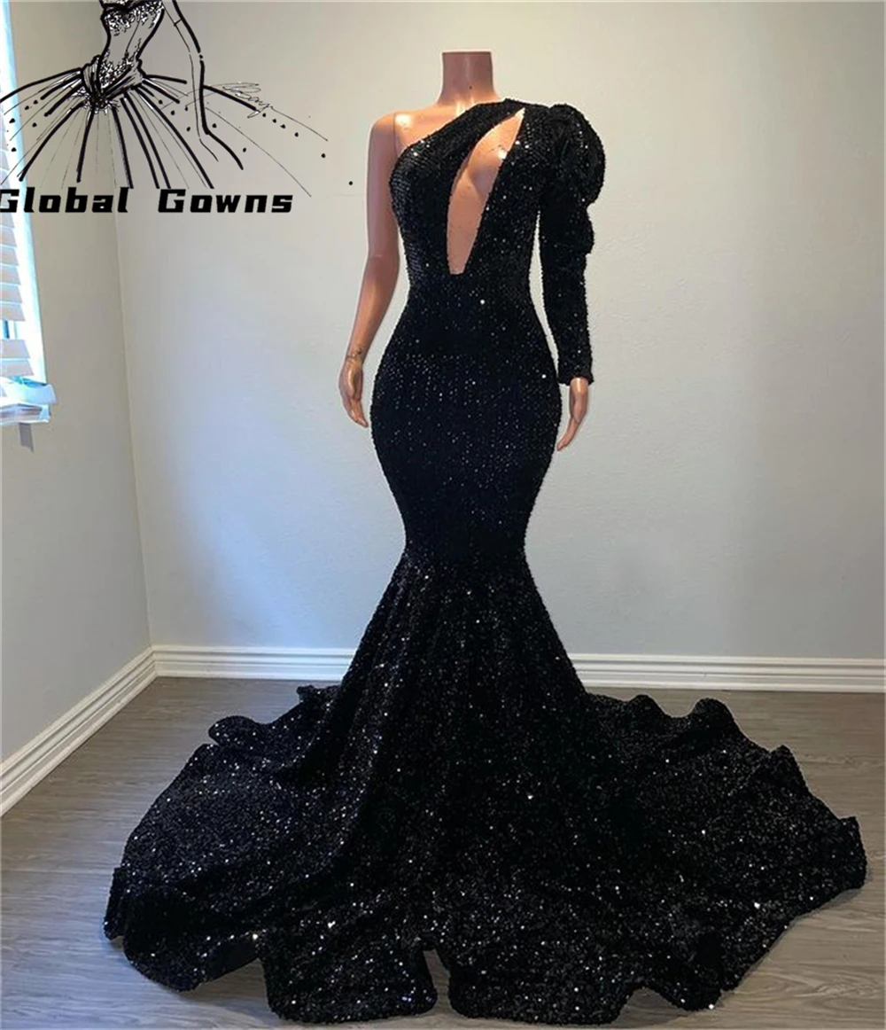

Black One Shoulder Evening Dress Cut Out Birthday Party Dresses Mermaid African Girls Vestido De Festa Casamento