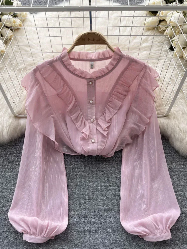 

Женская Осенняя рубашка с длинным рукавом, модный топ с деревянными ушками и рукавами-фонариками, универсальная рубашка, Сказочная элегантная шифоновая рубашка D5299