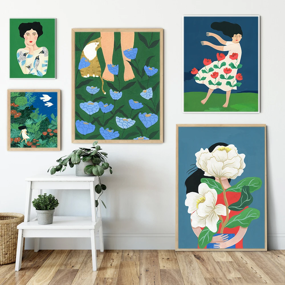 

Tropical Green Plant Poster Print Abstract Flowers Dance Woman Nordic Summer Graceful Girl Wall Canvas Painting Room Home Decor