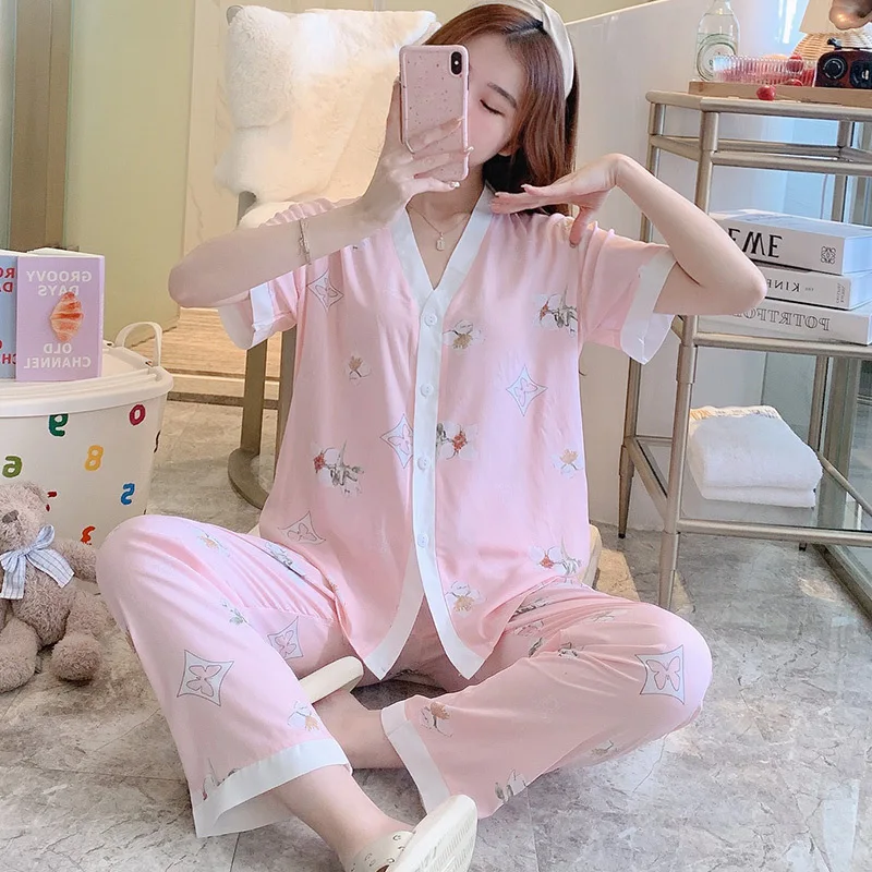 Womens Thin Cotton Pajamas Set  Pyjamas Set Ladies Super Soft Sleepwear Short Sleeve Button Down Nightwear with Long Pants 2pcs