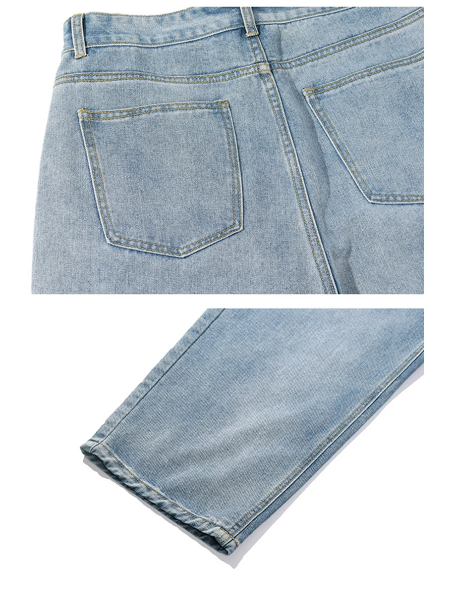 European and American High Street Men's Straight Loose Jeans Solid Color Washed Straight Trend Fashion Streetwear Ins Hot Sale