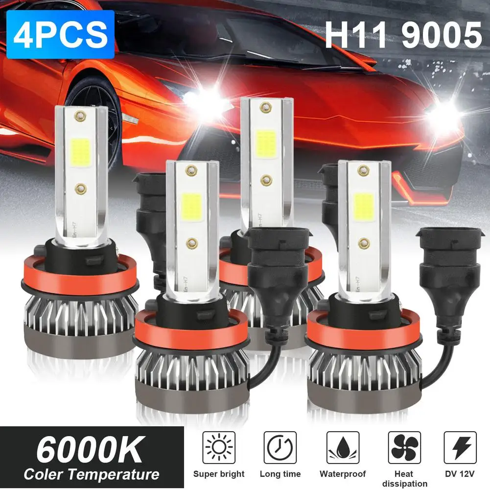 

4pcs 9005 + H11 Led Car Headlight Bulb 6000k Turbine-Fan Ip67 High Low Beam Fog Bulbs