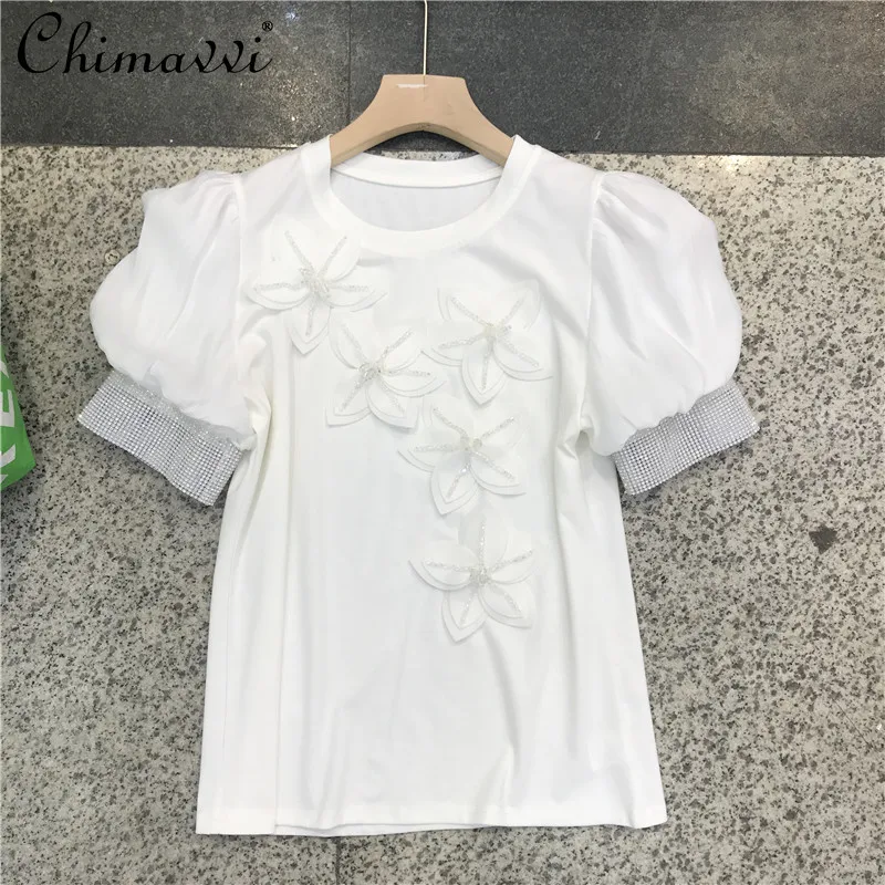 

Fashion Sweet 3D Flowers Slimming Pullover T-shirt Women's 2022 Summer Bubble Sleeve Exquisite Rhinestone Beaded O-neck Top Tees