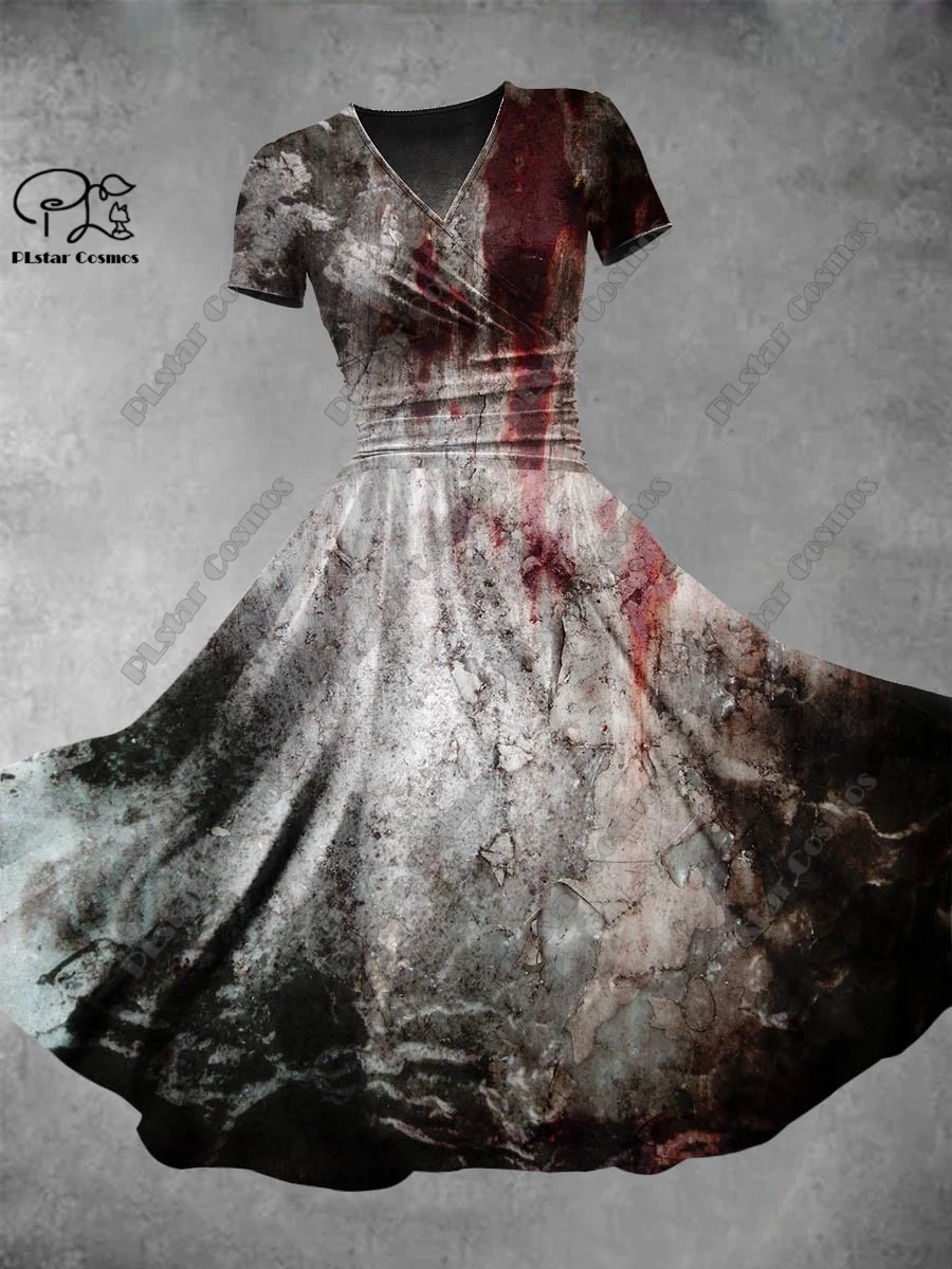 Женское платье с V-образным вырезом коротким рукавом и принтом