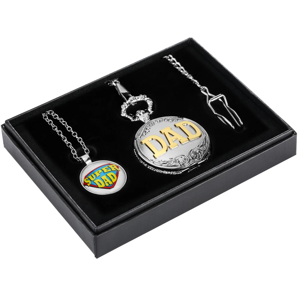 Meaningful Father's Day Gift Exquisite Silver Quartz Pocket Watch Set Gift Box Pendant Super Dad Necklace Waist Chain Clock Gift