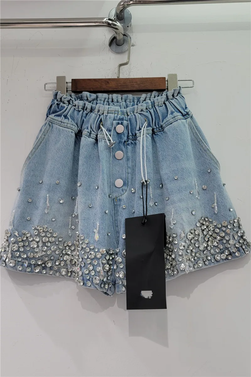 2023 Summer New Heavy Industry Tassel Bead Diamond High Waist Slimming Wide-Leg Denim Shorts Women