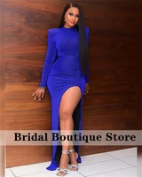 2022 blue african mermaid prom dress long sleeves side split formal party gowns elegant birthday weddind guest wear robe de bal