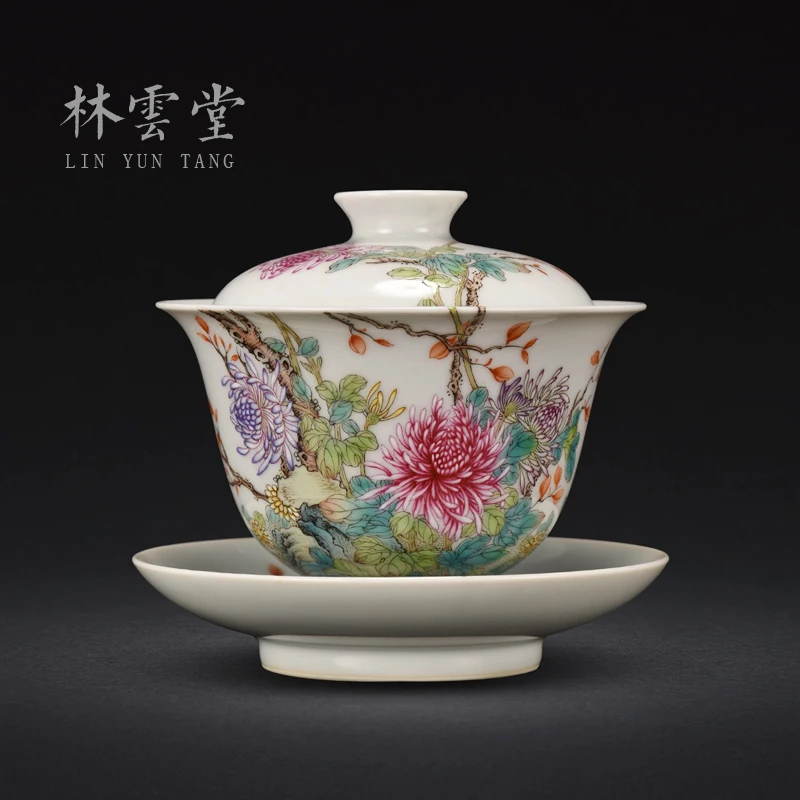 

|Lin Yuntang manual tureen tea bowl jingdezhen hand-painted enamel pastel color best chrysanthemum tureen LYT281