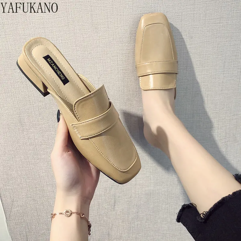 

Summer New Fashion Chunky Heeled Mules Slippers Low Heels Women Shoes High Heels Vintage British Style Square Toe Semi Slippers