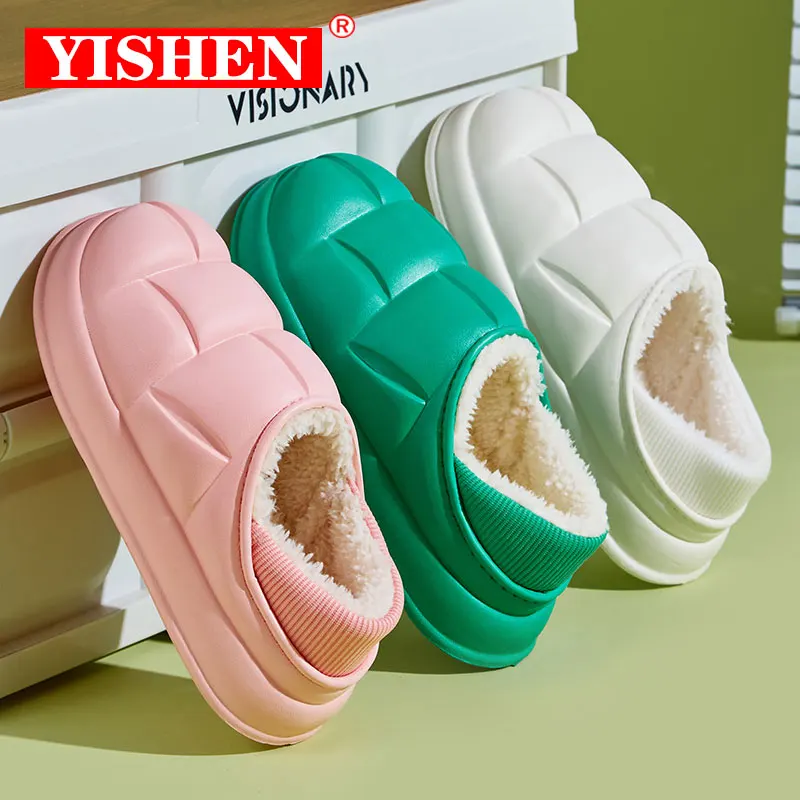 YISHEN Winter Warm Women Slippers Men Slides Waterproof Furry Lining Non-Slip Stepped Cotton Shoes Indoor Home Shoes For Couple
