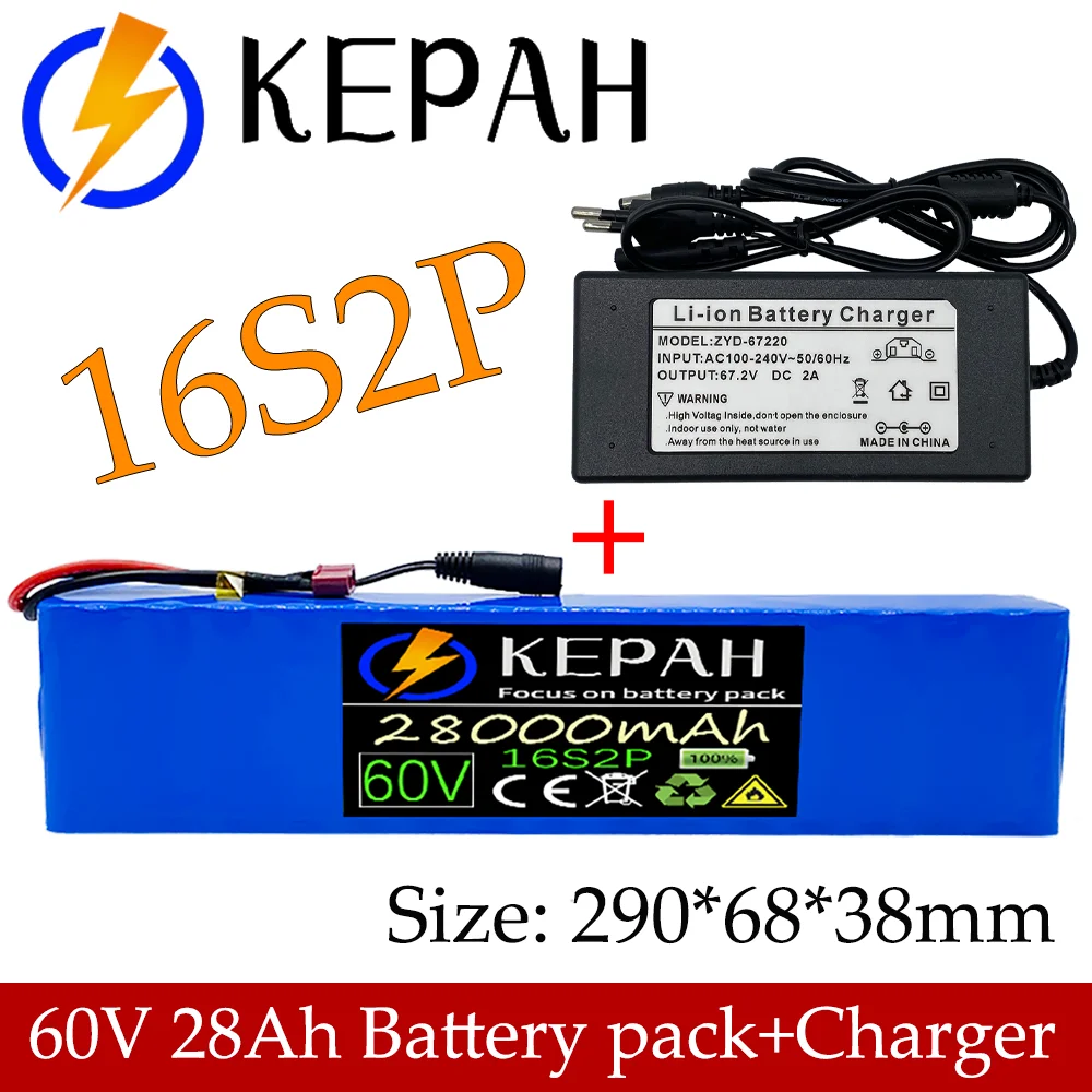 

Batterie Li-ion 60V 16S2P 28ah 18650 67.2V 28000mAh pour velo et trottinette electrique avec BMS 1000Watt prise + chargeur
