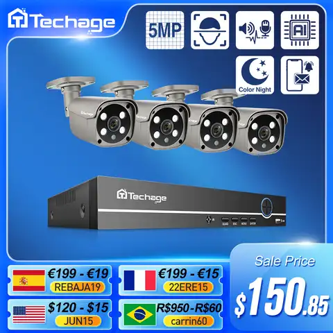 Система видеонаблюдения Techage, H.265, 8 каналов, 5 Мп, POE, NVR, двустороннее аудио, ИК, IP-камера наружного наблюдения, водонепроницаемая