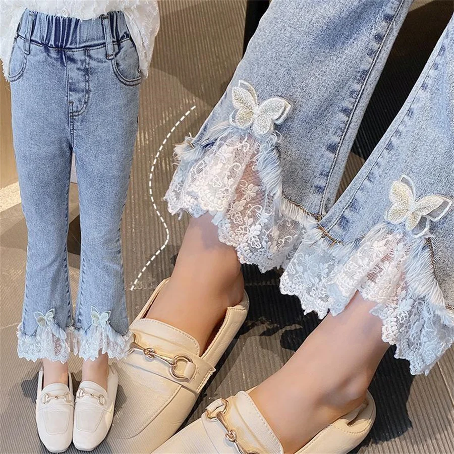 

Girls Spring Autumn Denim Lace Pearl Bell-bottom Ripped Jeans Patchwork Flare Pants Elastic Waist Kids Baby Trousers 3-14 Years