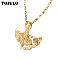 tofflo stainless steel jewelry fan shaped geometric beautiful pendant zircon necklace gingko leaf clavicle chain bsp409