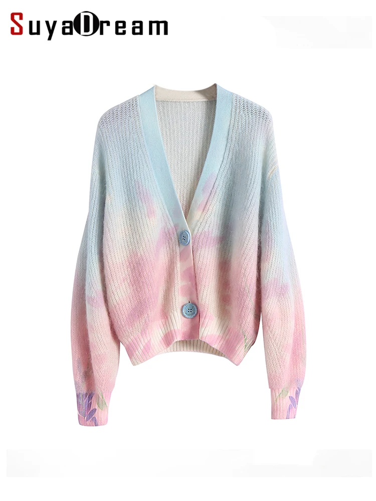 SuyaDream Wool Cardigans 28.8%Mohair 30.8%Wool V Neck Fashion Printed Sweaters 2022 Fall Winter Warm Jackets