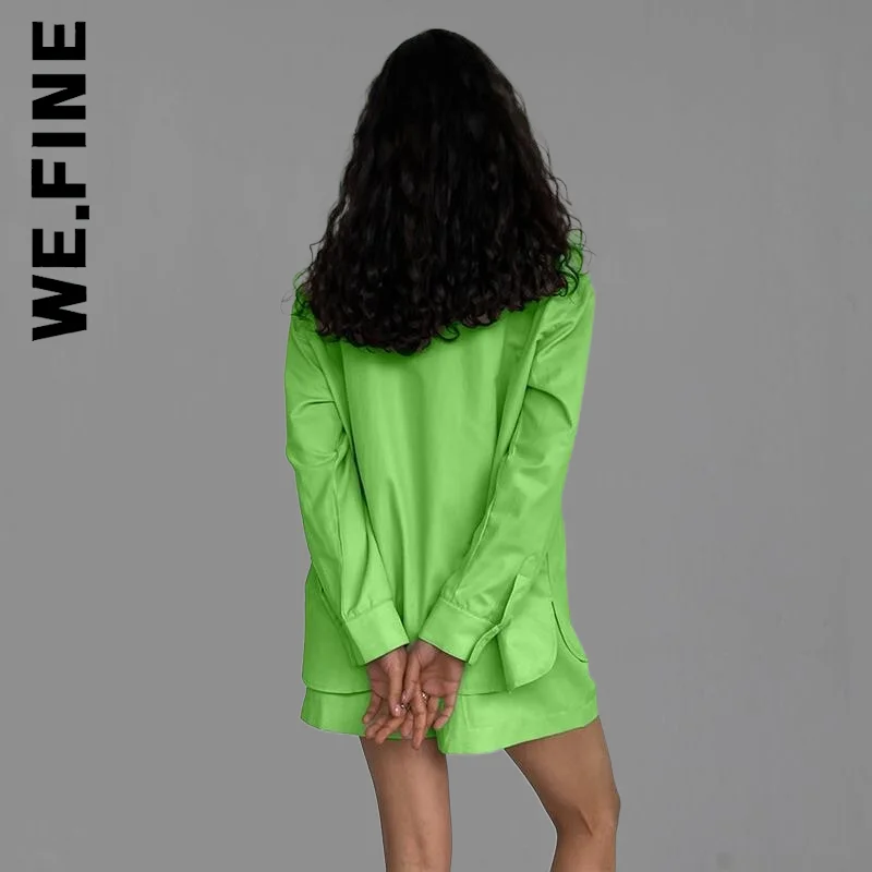 We.Fine Casual Women Short Set Tracksuit Loungewear Two Piece Women Outfits Long Shirt And High Waist Shorts Green images - 6