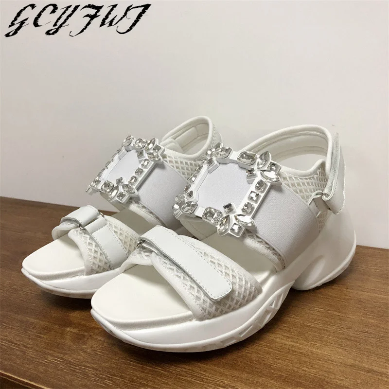 Fashion Crystal Women's Shoes Thick Platform Round Toe Breathable Peep Toe Female Sandals Party Non-Slip Sexy Ladies Footwear